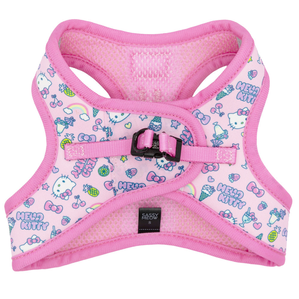Pink Hello Kitty cat step-in harness by Sassy Woof, featuring a cute Hello Kitty design for comfortable pet wearing.