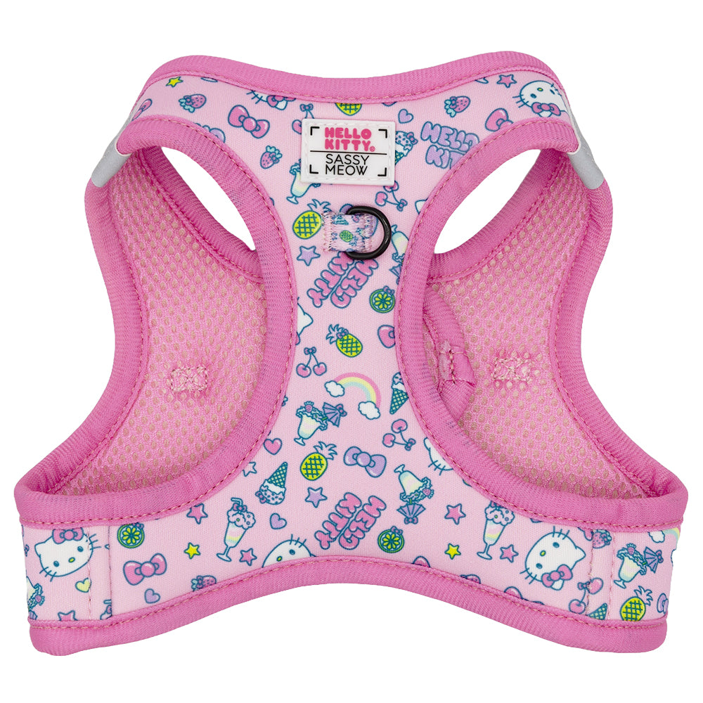 Pink Hello Kitty cat step-in harness by Sassy Woof, featuring a cute Hello Kitty design on soft fabric for small pets.