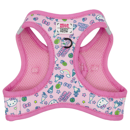 Pink Hello Kitty cat step-in harness by Sassy Woof, featuring a cute Hello Kitty design on soft fabric for small pets.