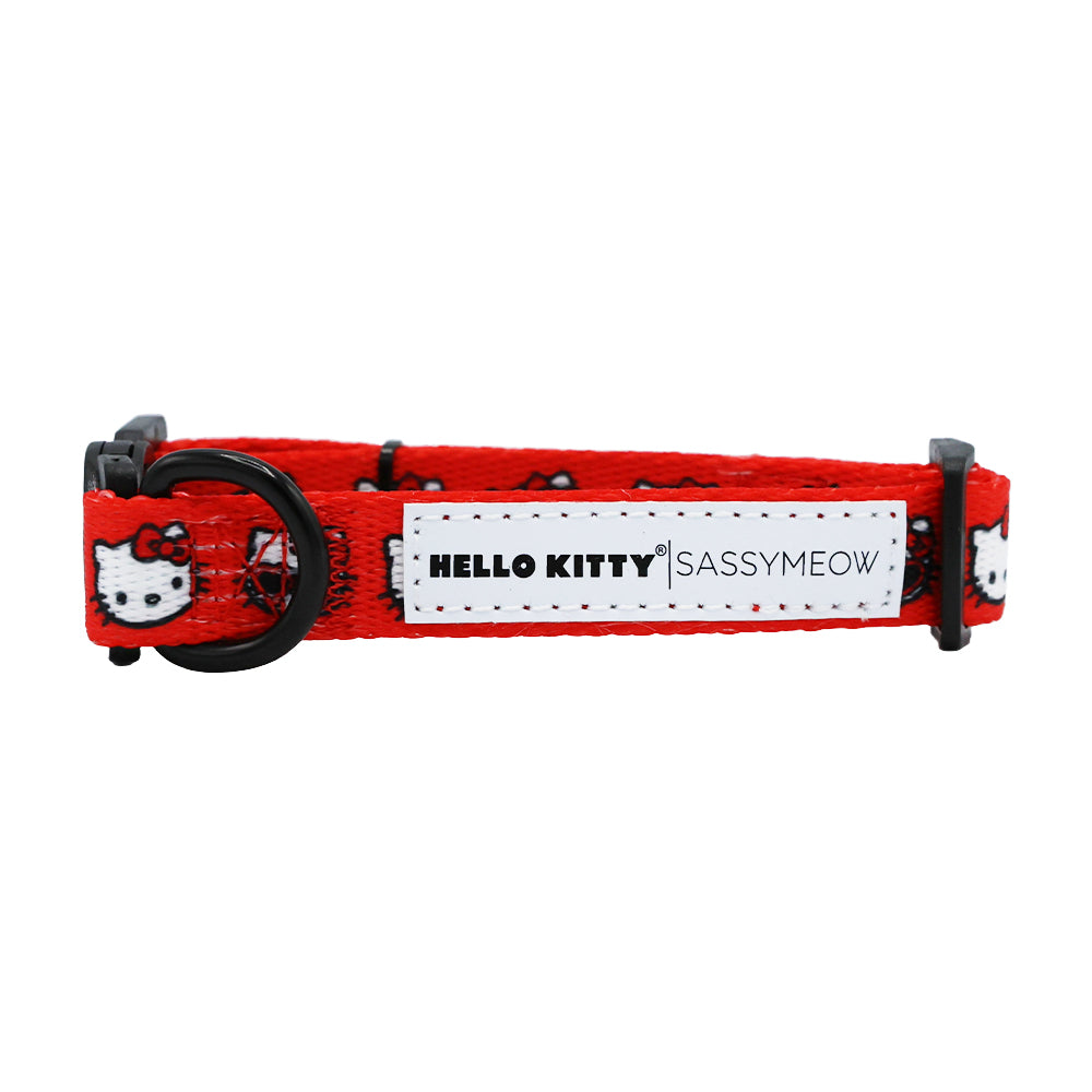 Red Hello Kitty pet collar by Sassy Woof featuring a cute Hello Kitty design for cats.