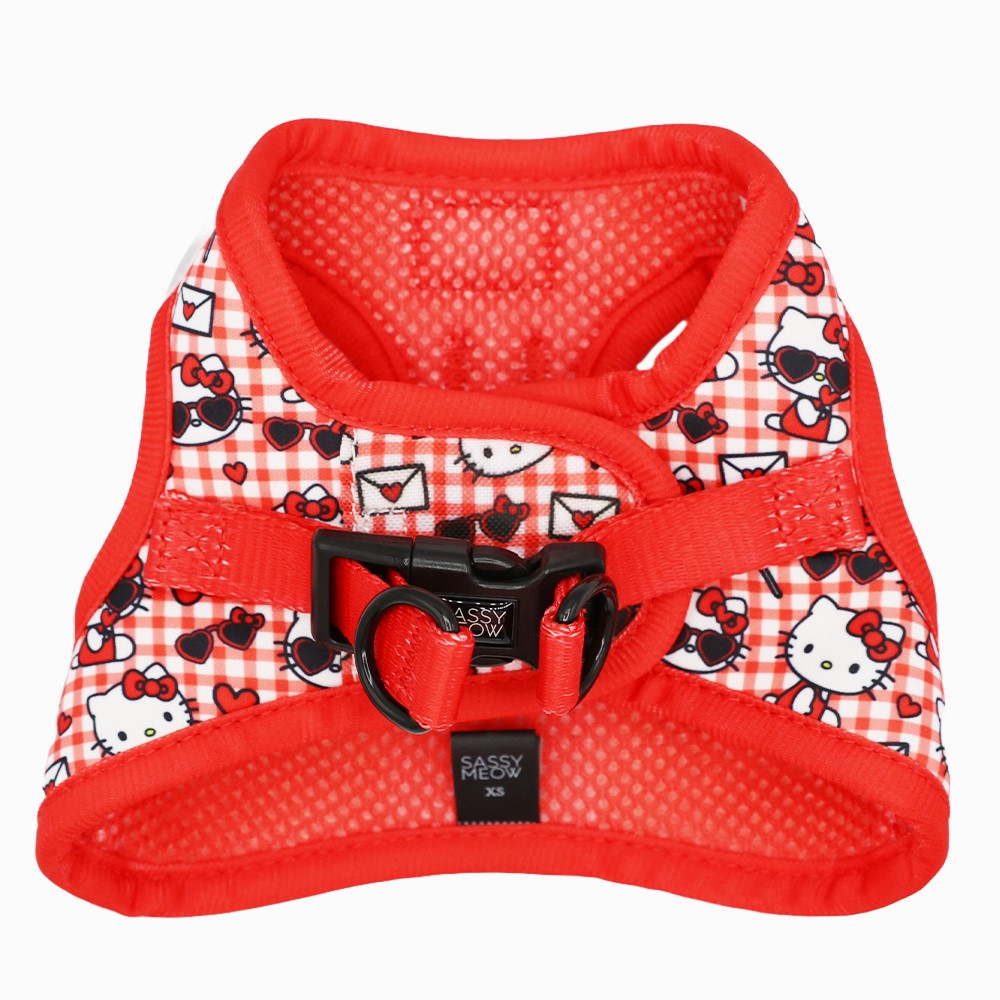 Red Hello Kitty cat step-in harness by Sassy Woof, designed for comfortable pet wear with cute Hello Kitty details.