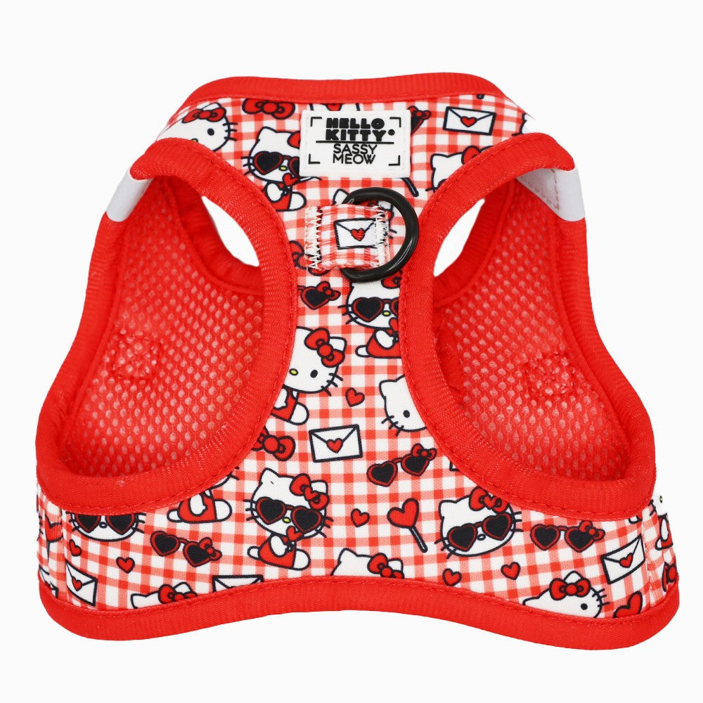 Red Hello Kitty Cat Step-In Harness by Sassy Woof, featuring a cute Hello Kitty design on a pet collar and harness for cats.
