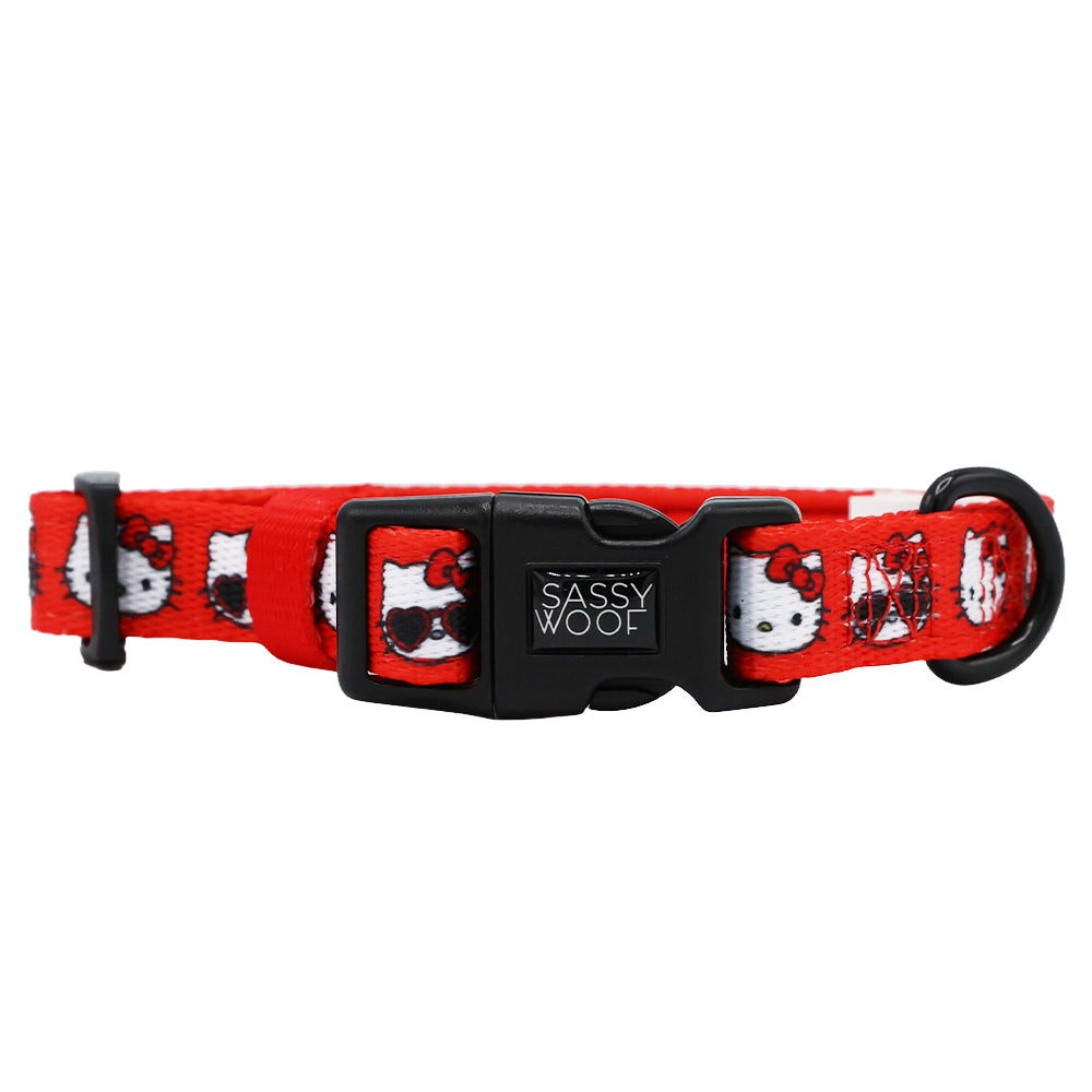 Red Hello Kitty dog collar by Sassy Woof featuring a classic design, perfect for small pets and stylish pet accessories.