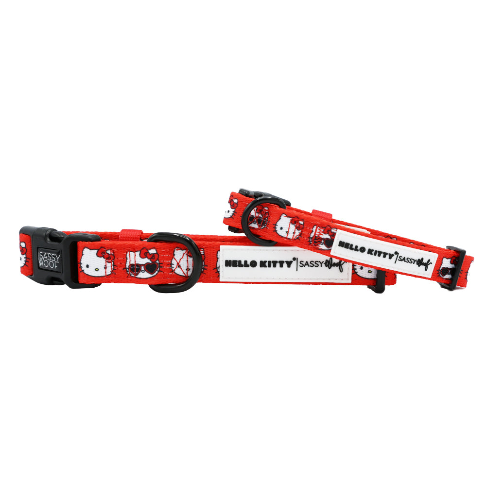 Red Hello Kitty dog collar by Sassy Woof featuring classic Hello Kitty design, suitable for small to medium pets.