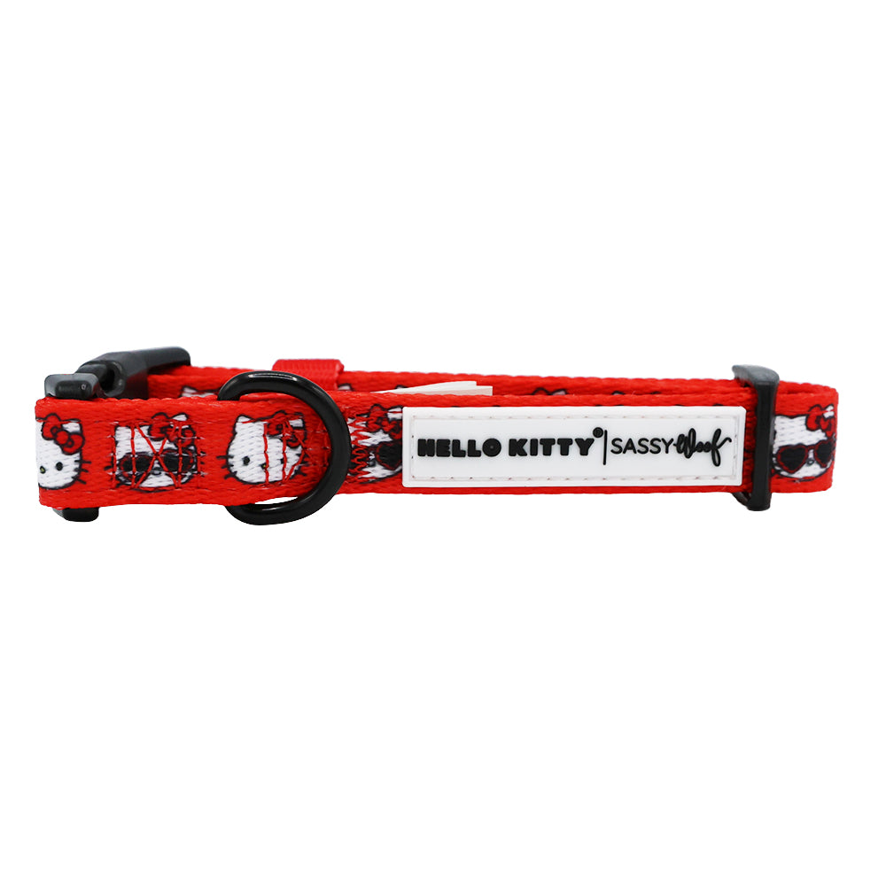 Red Hello Kitty pet collar by Sassy Woof, featuring classic Hello Kitty design, ideal for dogs and pet accessories.