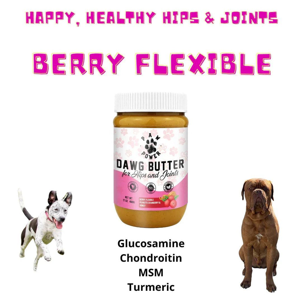 Paw Power Nutrition Dawg Butter Berry flexible supplement for healthy hips and joints in dogs, featuring berries and natural ingredients.