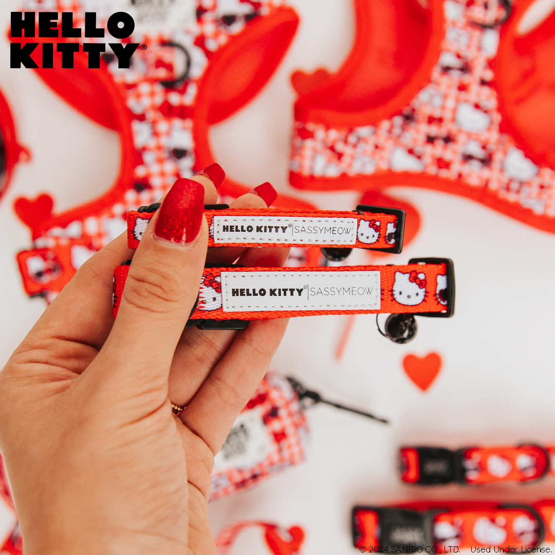 Red Hello Kitty cat collar from Sassy Woof with a cute Hello Kitty design, perfect for small pets.