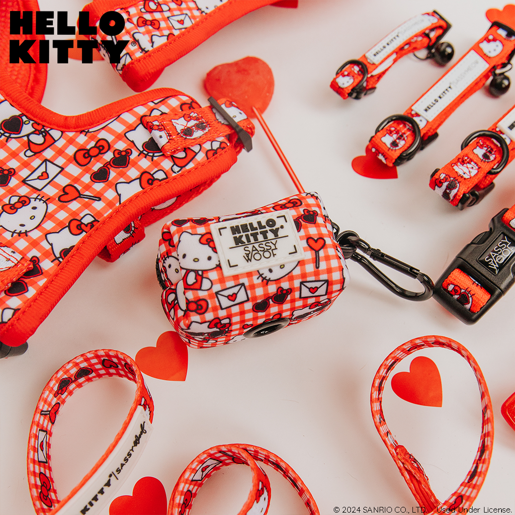 Red Hello Kitty dog waste bag holder by Sassy Woof, featuring a cute cartoon cat design for pet waste disposal.