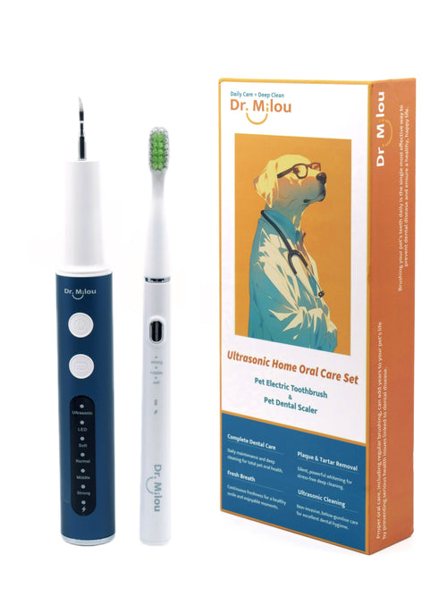 Anesthesia-free pet dental cleaning kit with ultrasonic tartar remover and electric toothbrush for dogs and cats by Dr. Milou.