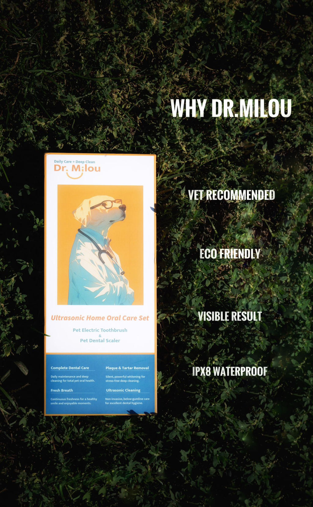Anesthesia-free pet dental cleaning kit by Dr. Milou featuring ultrasonic tartar remover and electric toothbrush for dogs and cats.