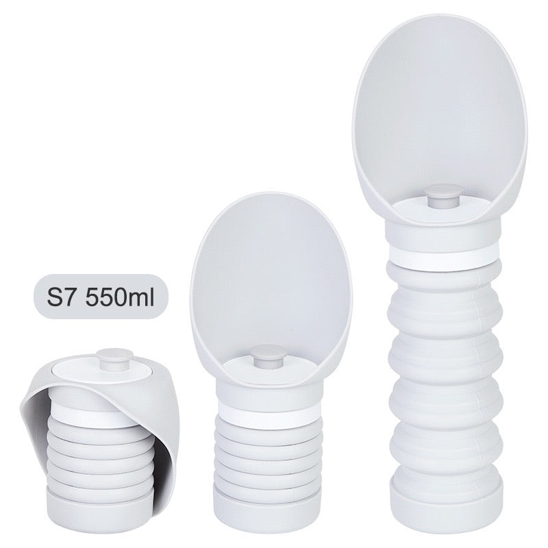 Portable collapsible pet water bottle by Dr. Milou, featuring a compact design with a built-in water bowl for pets on the go.