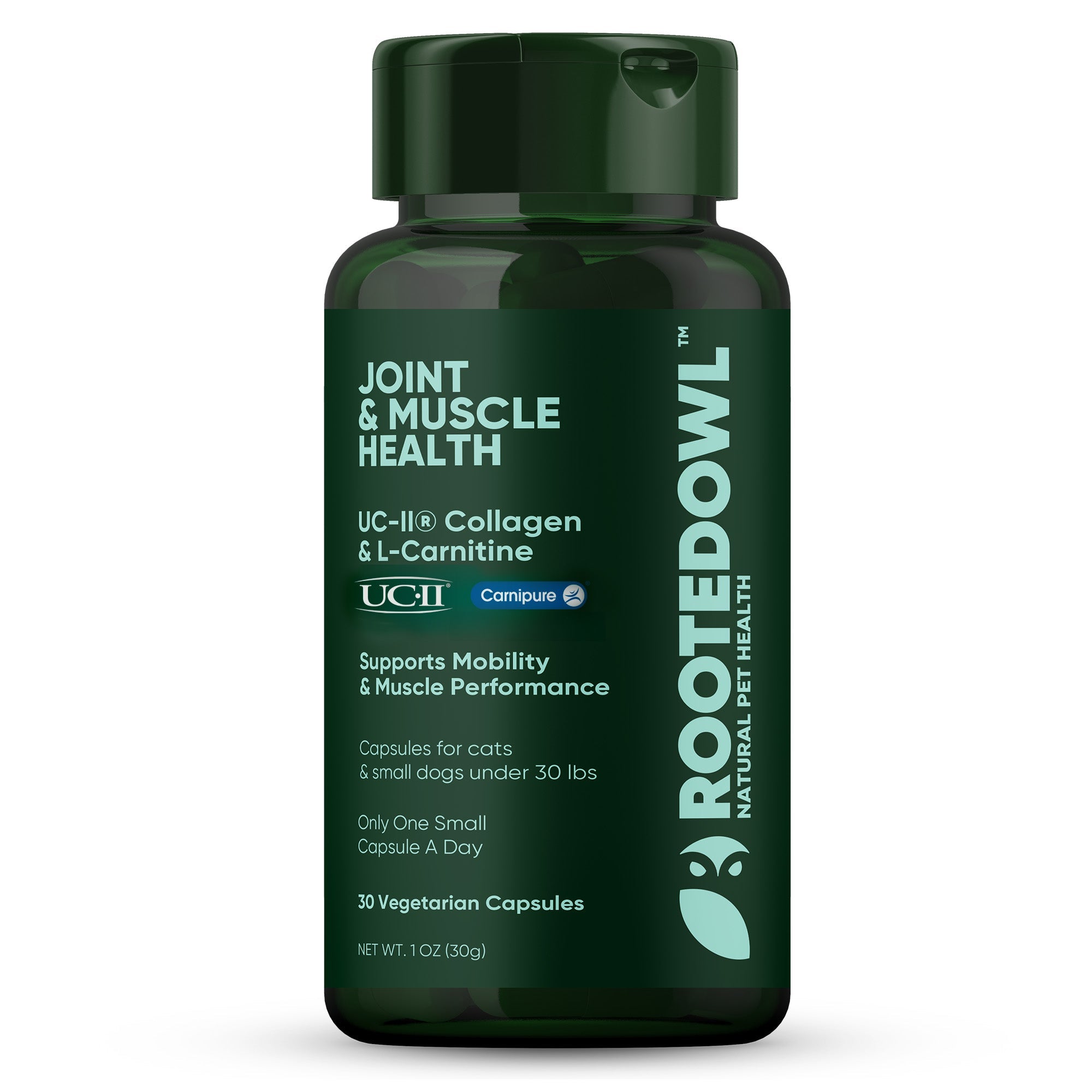 Rooted Owl Pet Supplements joint and muscle health supplement for cats and small dogs, showing the product container and ingredients.