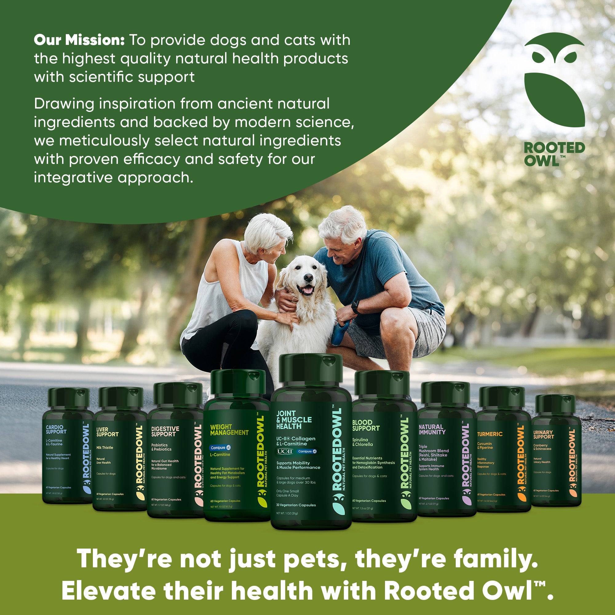 Rooted Owl Pet Supplements joint and muscle health supplement for medium and large dogs, featuring natural ingredients and supportive formula.