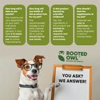 Rooted Owl Pet Supplements joint and muscle health supplement for medium and large dogs, showing the product packaging and ingredients.