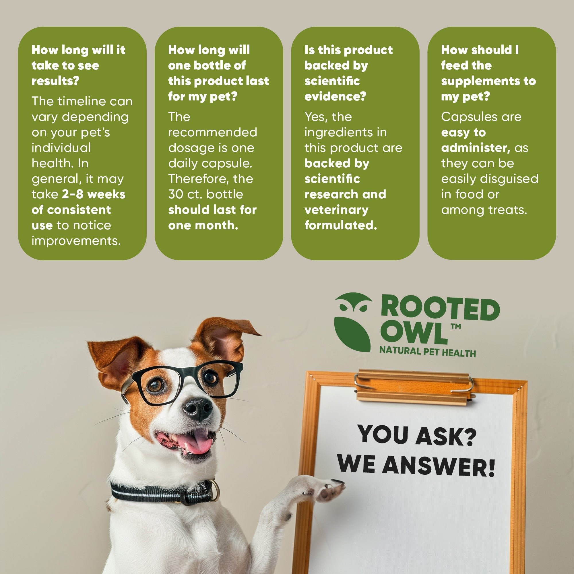 Rooted Owl Pet Supplements joint and muscle health supplement for medium and large dogs, showing the product packaging and ingredients.