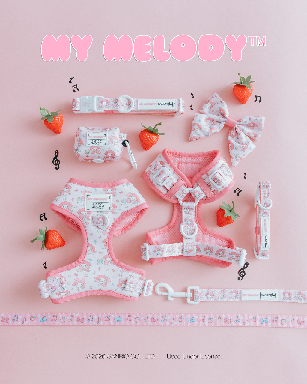 My Melody™ dog waste bag holder with Sassy Woof logo, compact dispenser for pet waste bags, in a cute design.