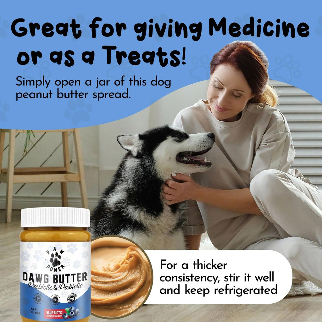 Blue Dawg Butter Blue Biotic supplement for dogs from Paw Power Nutrition, showing the jar with blue and white labeling.