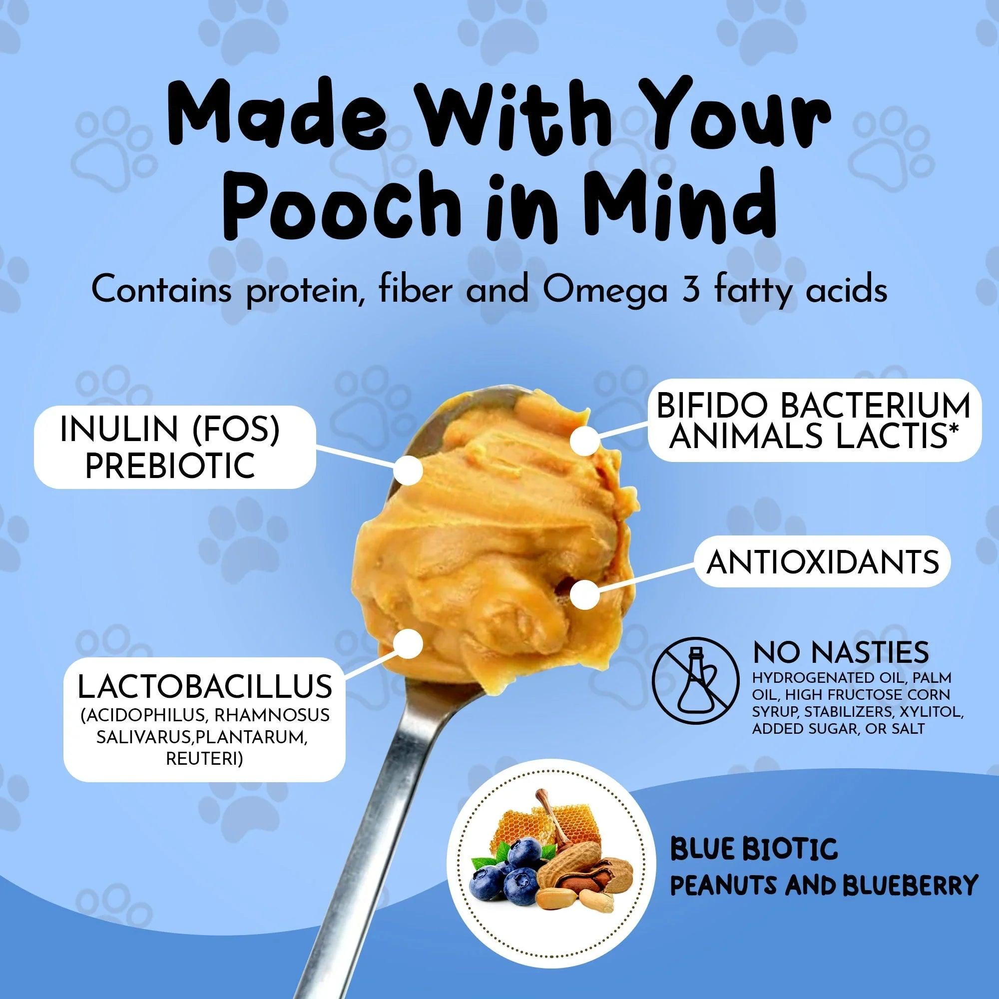 Paw Power Nutrition Dawg Butter Blue Biotic probiotic supplement for dogs, showing the product container with blue packaging and label.