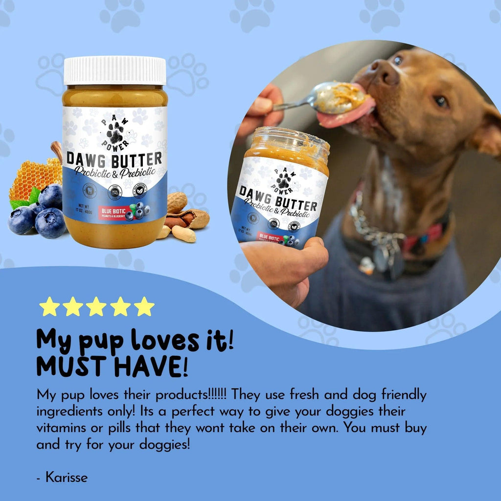 Paw Power Nutrition Dawg Butter Blue Biotic jar with blue label, showing the probiotic supplement for dogs on a white background.