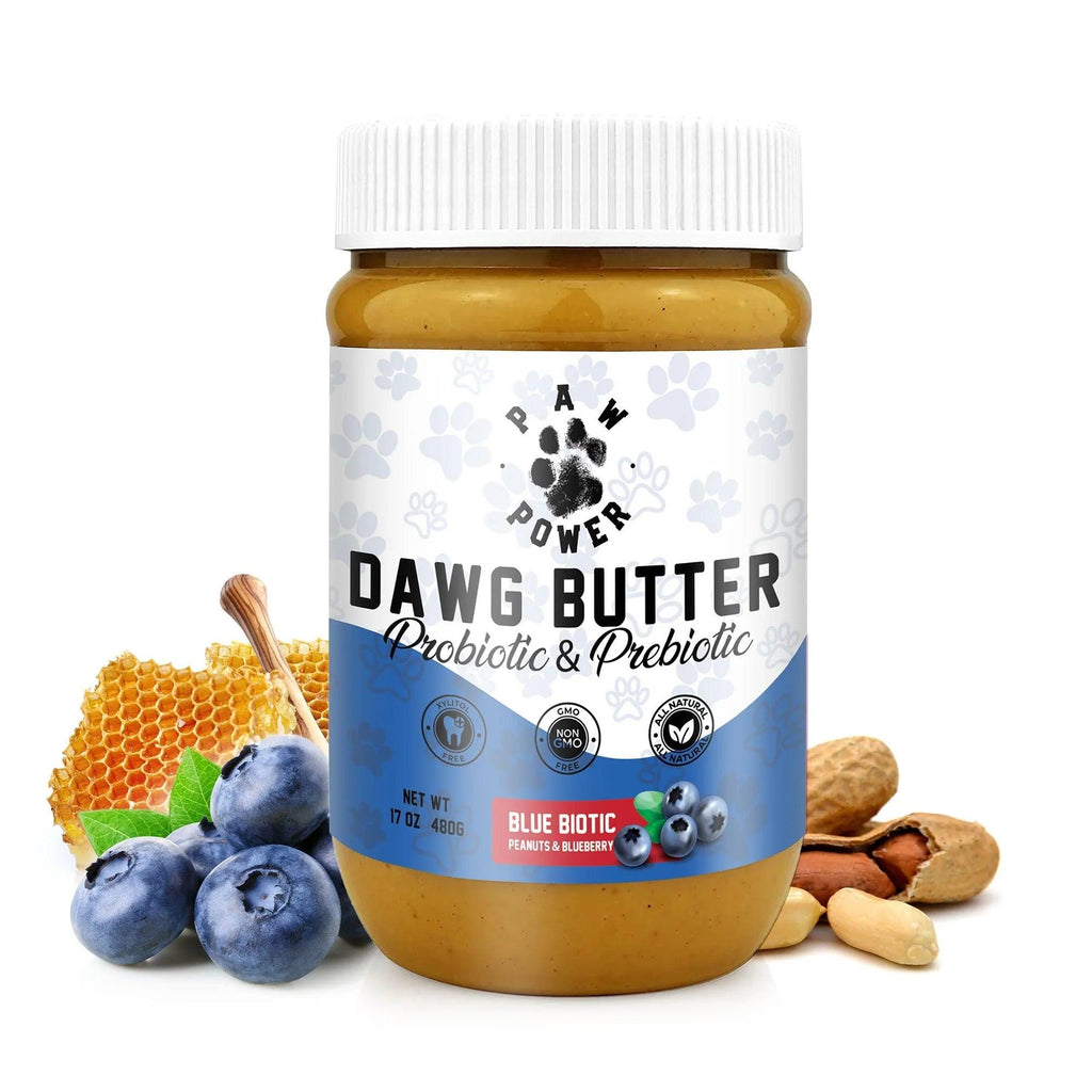 Paw Power Nutrition Dawg Butter Blue Biotic jar with blue label and dog illustration, showcasing probiotic supplement for dogs.
