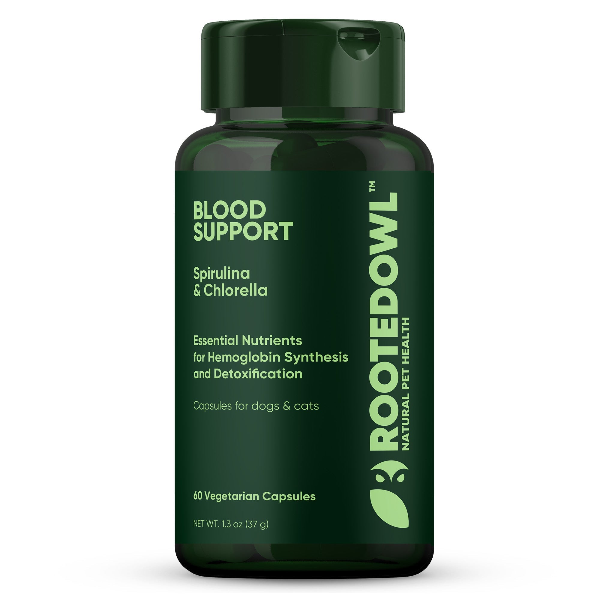 Green spirulina and chlorella supplement for cats and dogs in a container from Rooted Owl Pet Supplements.
