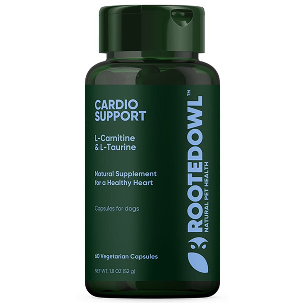 Rooted Owl Pet Supplements cardio support for dogs, showing supplement packaging with natural ingredients and health benefits.