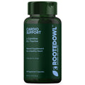 Rooted Owl Pet Supplements cardio support for dogs, showing supplement packaging with natural ingredients and health benefits.