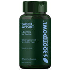 Rooted Owl Pet Supplements cardio support for dogs, showing supplement packaging with natural ingredients and health benefits.