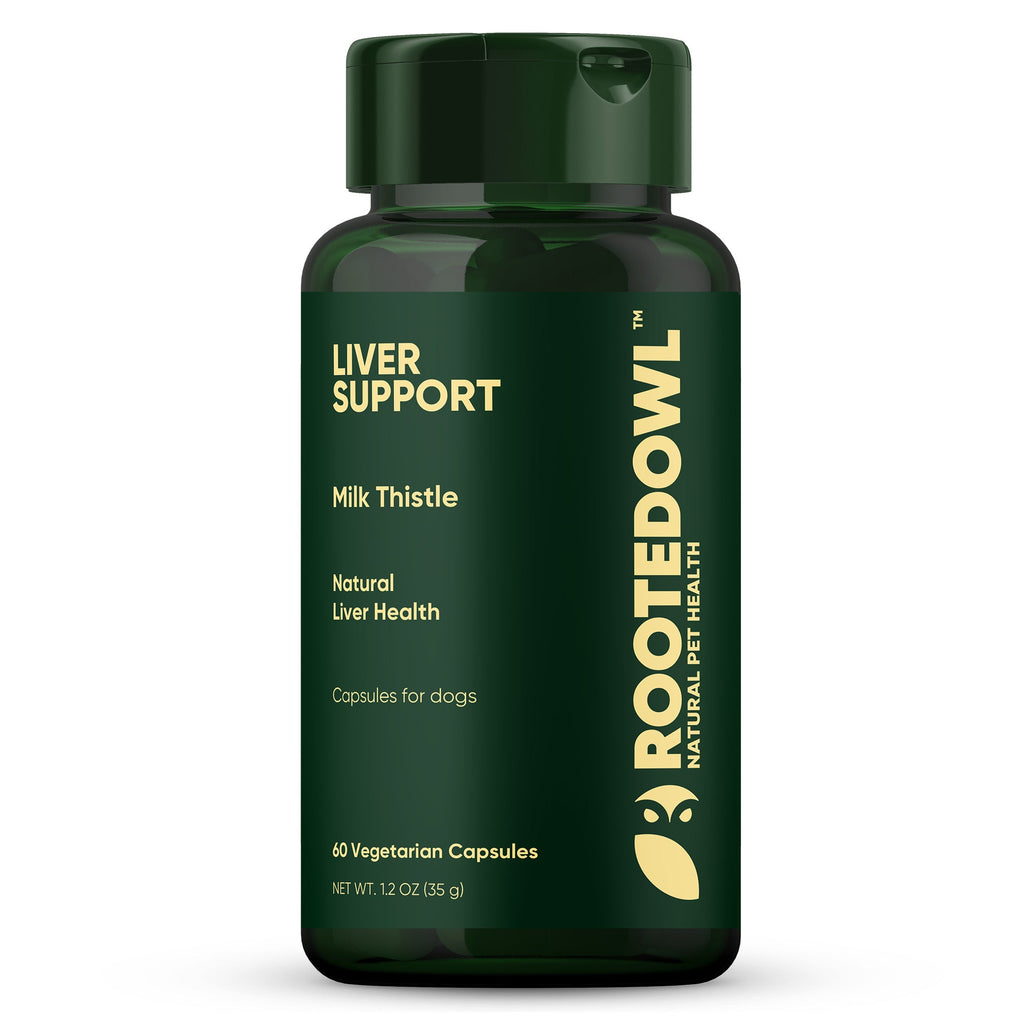 Dog liver support supplement by Rooted Owl Pet Supplements, showing the product bottle with label and capsules inside.
