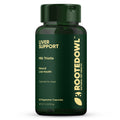 Dog liver support supplement by Rooted Owl Pet Supplements, showing the product bottle with label and capsules inside.