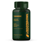Rooted Owl Pet Supplements turmeric supplement for cats and dogs, showing the product packaging and label on a white background.