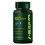 Rooted Owl Pet Supplements weight management supplement for cats and dogs, featuring natural ingredients in a clear bottle.