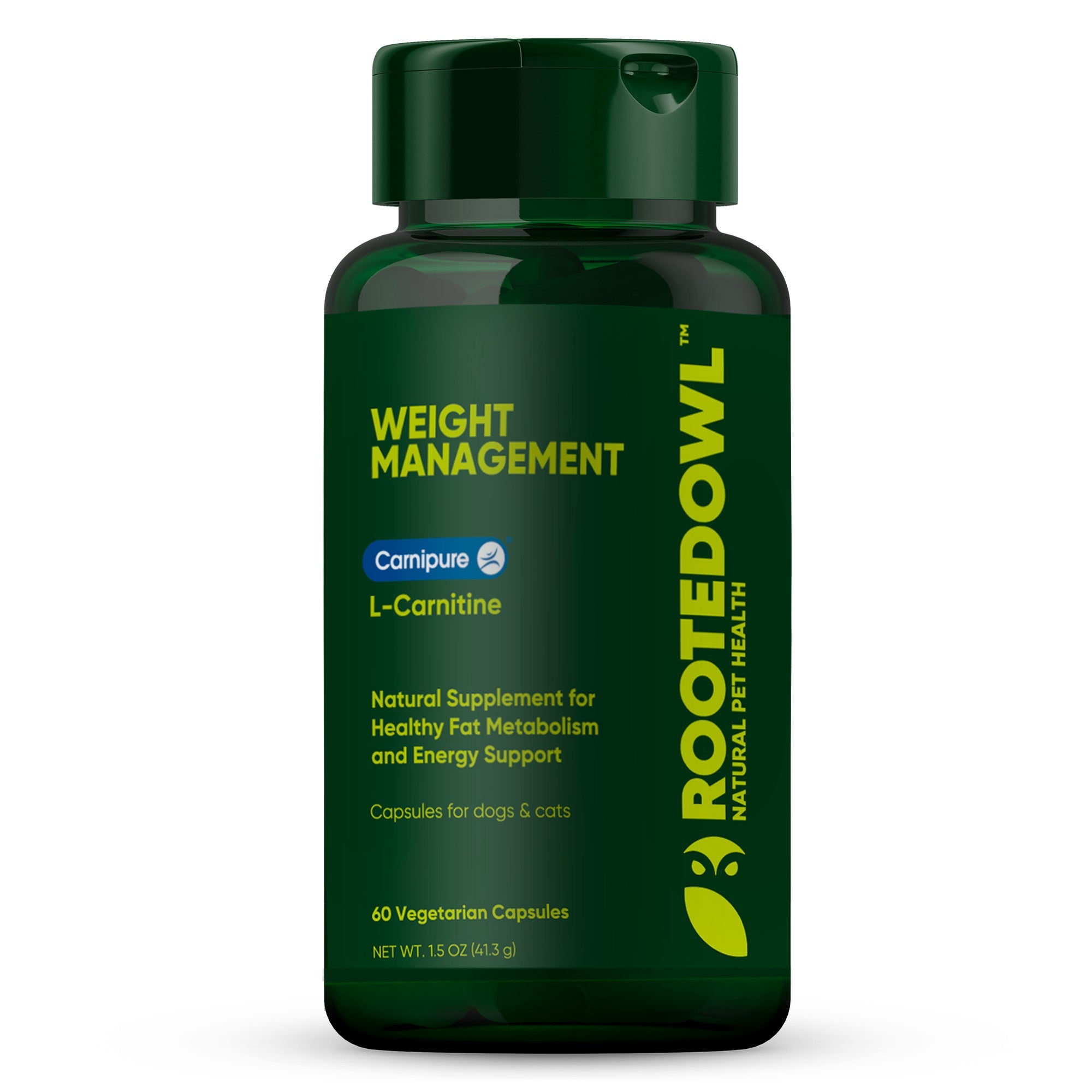 Rooted Owl Pet Supplements weight management supplement for cats and dogs, featuring natural ingredients in a clear bottle.