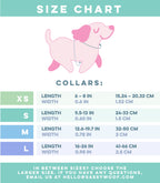 Sizing chart image for Sassy Woof My Melody three-piece dog collar bundle, showing measurement guidelines and collar options.