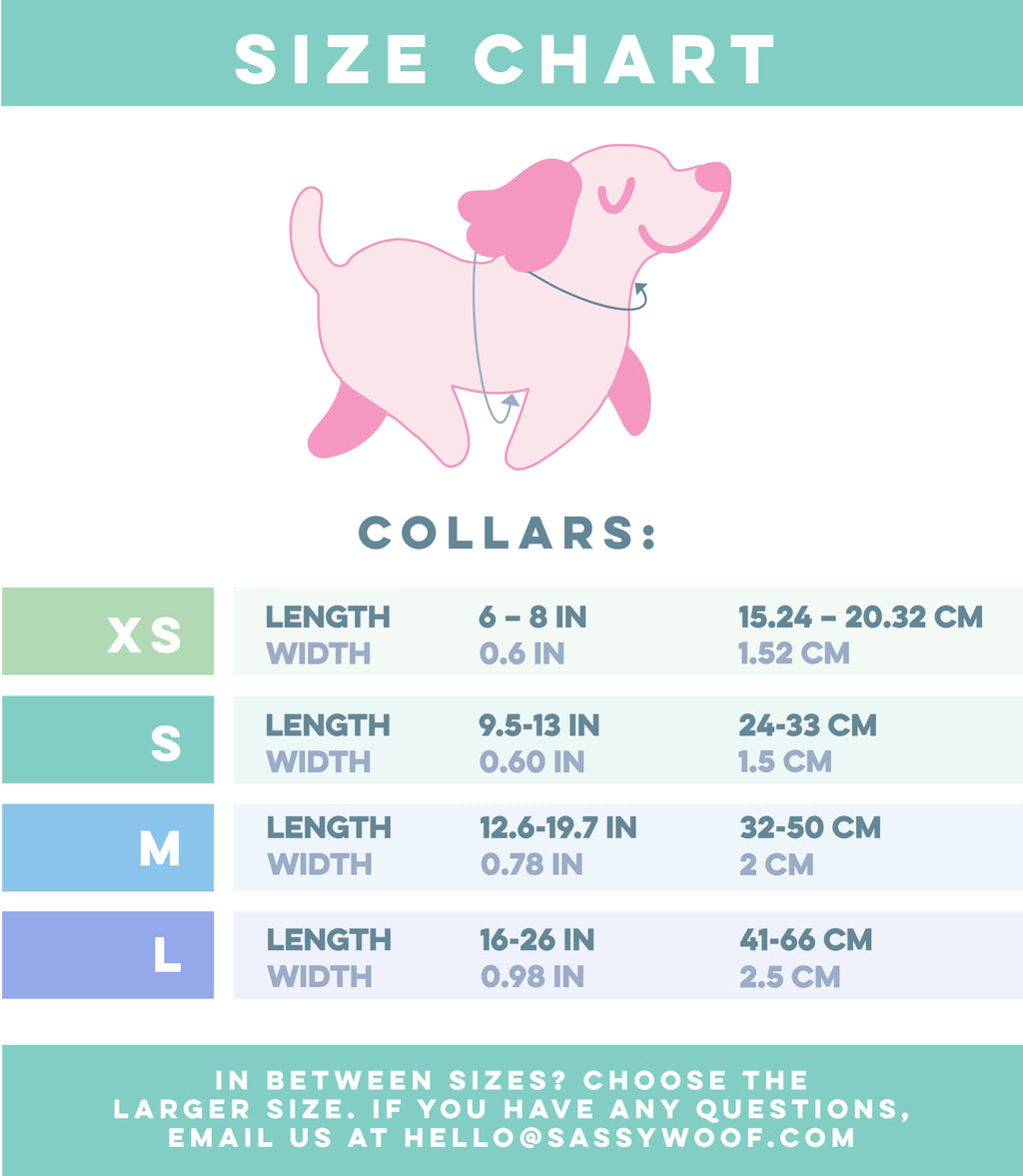 Sassy Woof Kuromi™ dog collar with sizing chart showing adjustable pet collar featuring playful Kuromi™ design for small to medium dogs