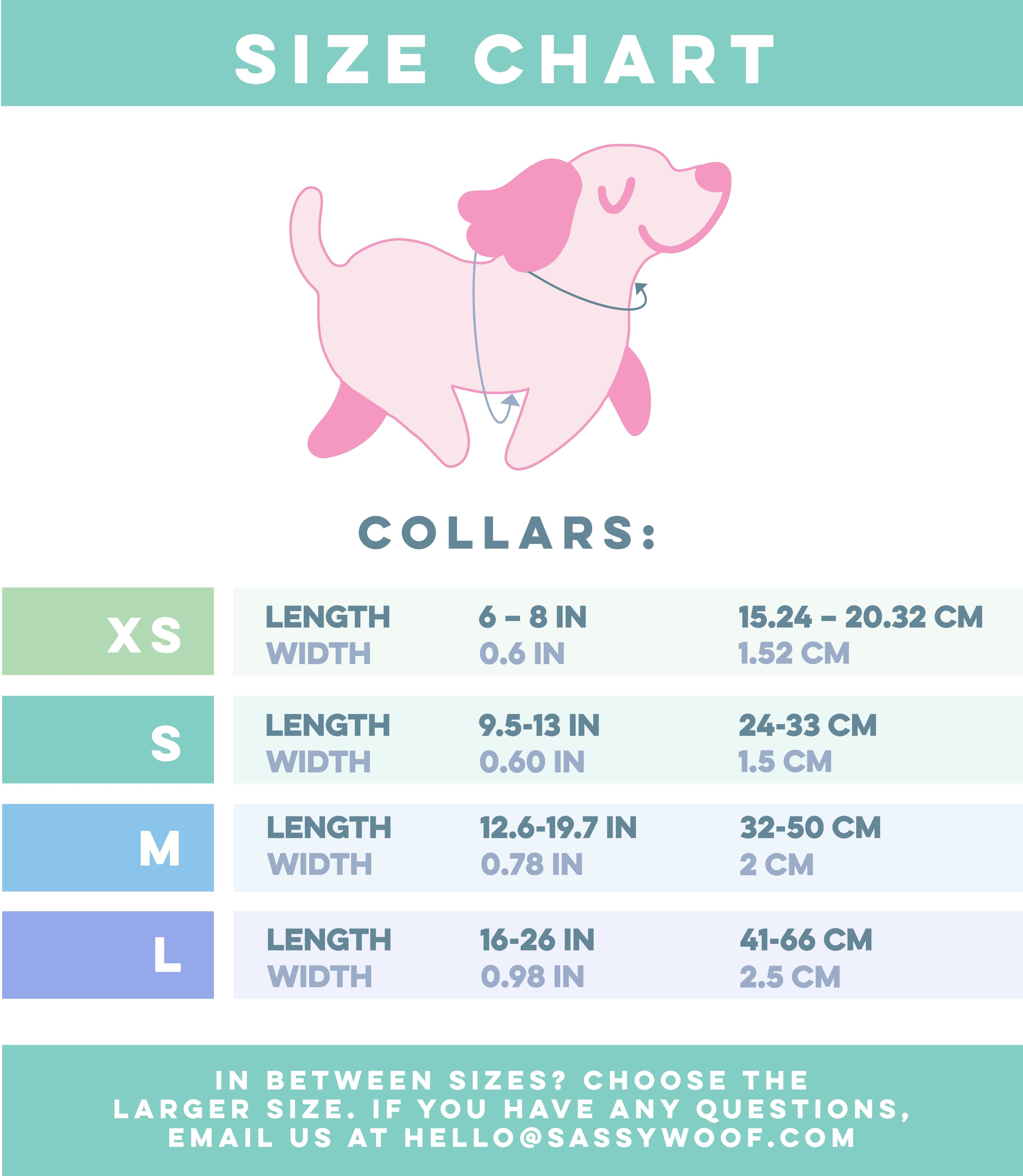 Sassy Woof Kuromi™ dog collar with sizing chart showing adjustable pet collar featuring playful Kuromi™ design for small to medium dogs