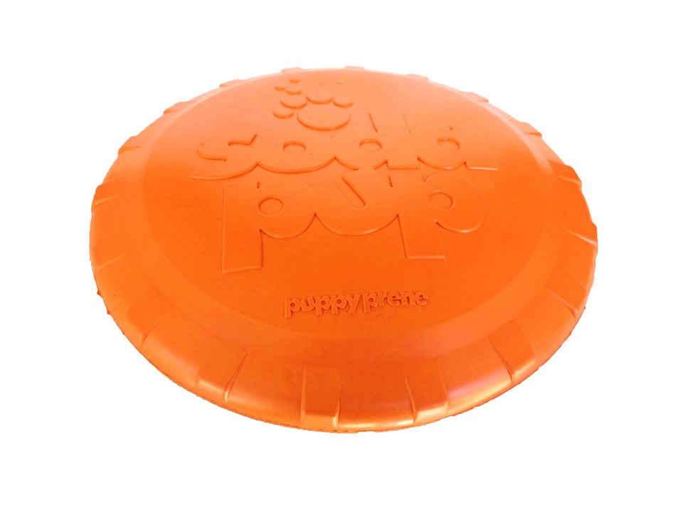 Orange rubber dog frisbee with bottle top flyer design, Vet approved, made by SodaPup/True Dogs, LLC for active play.