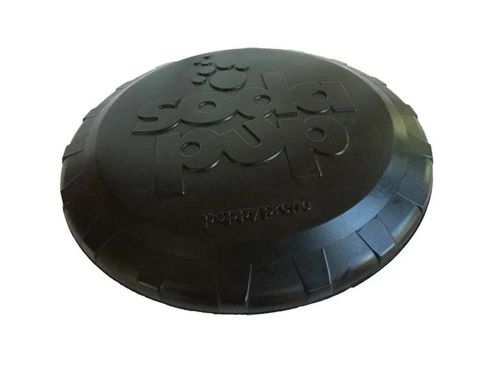Large Magnum Bottle Top Flyer rubber dog toy for heavy chewers, made by SodaPup/True Dogs, LLC, designed for fetch and durability.