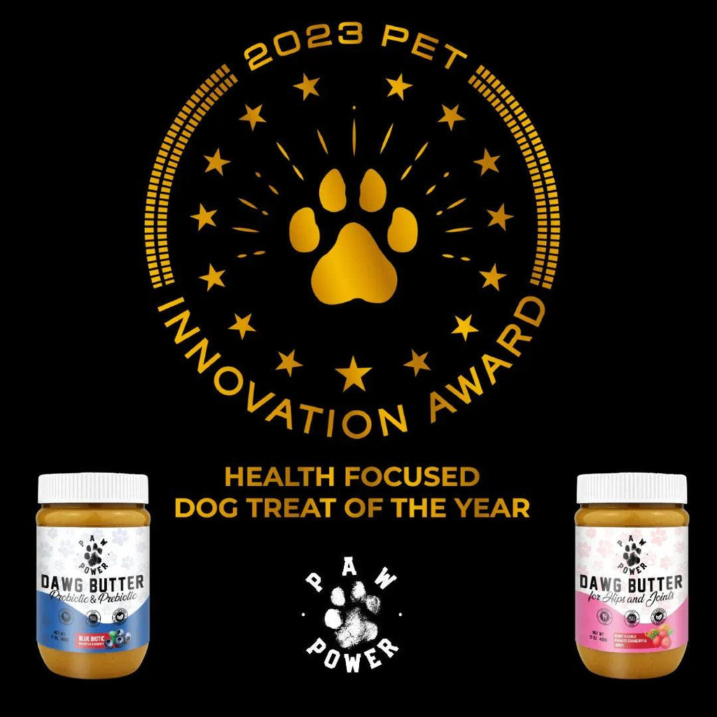 Paw Power Nutrition Dawg Butter Berry Flexible supplement for dog hips and joints, showing a jar with berry-flavored formula and dog treats