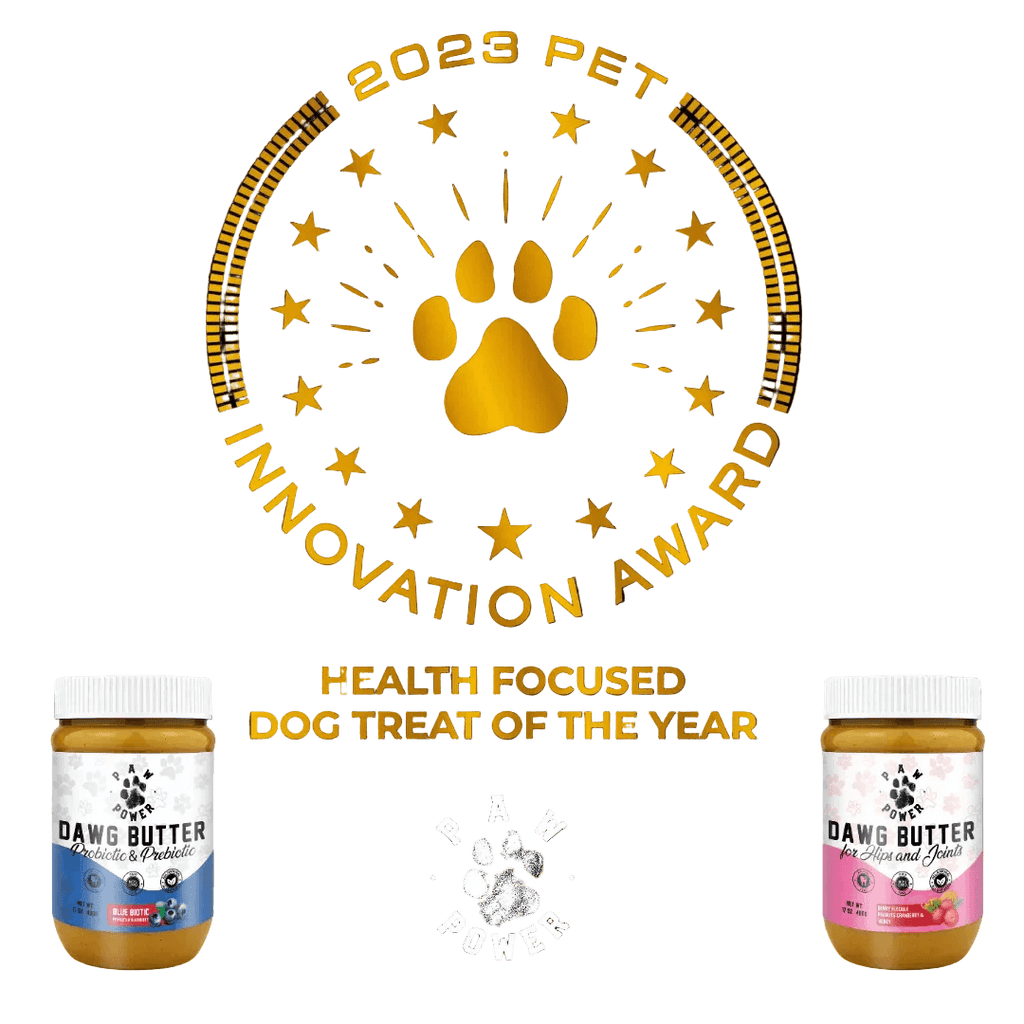 Dawg Butter Blue Biotic by Paw Power Nutrition, natural dog supplement with blue packaging and product label in the image