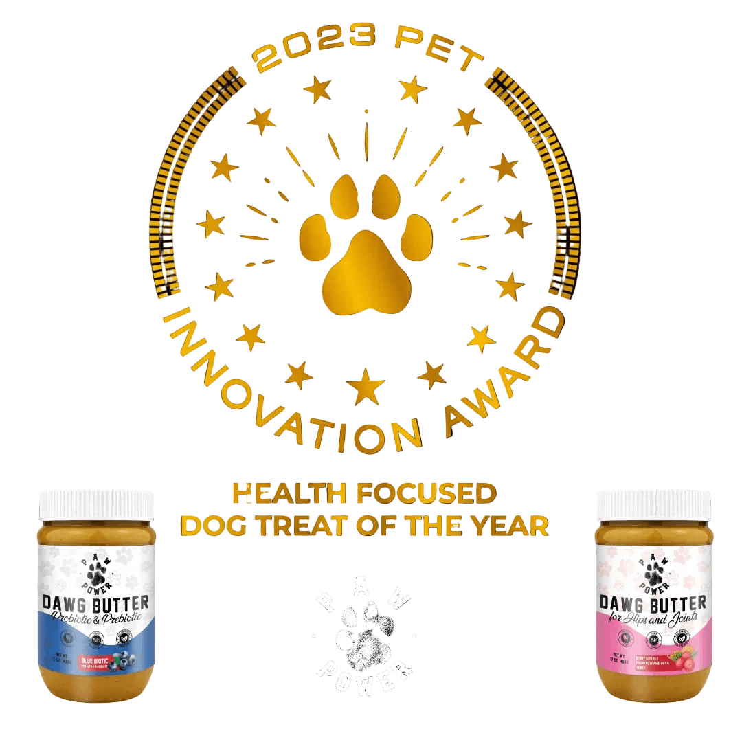 Dawg Butter Blue Biotic by Paw Power Nutrition, natural dog supplement with blue packaging and product label in the image