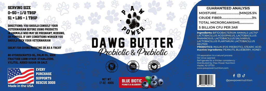 Paw Power Nutrition Dawg Butter Blue Biotic with berries, probiotic supplement for dogs, with blueberries and natural ingredients.