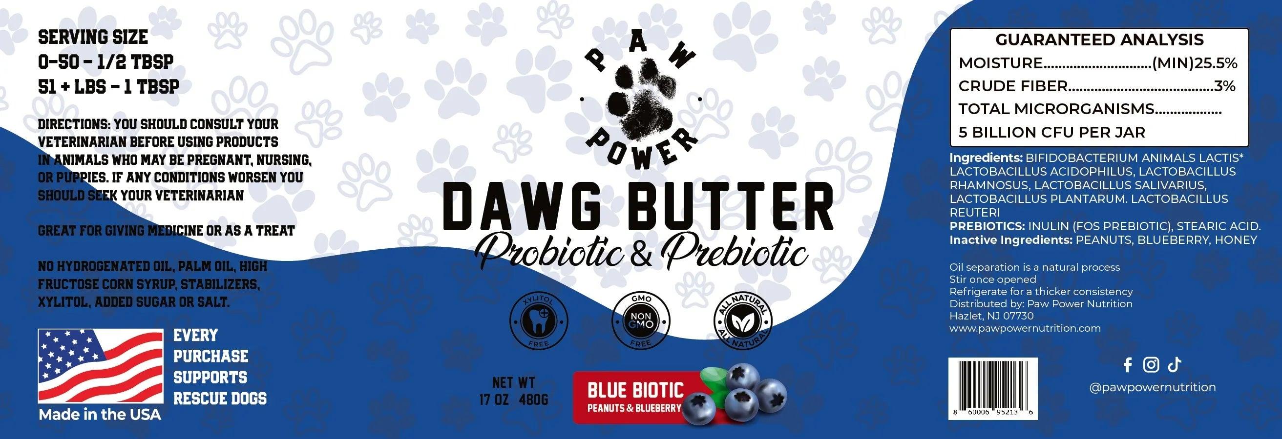 Paw Power Nutrition Dawg Butter Blue Biotic with berries, probiotic supplement for dogs, with blueberries and natural ingredients.