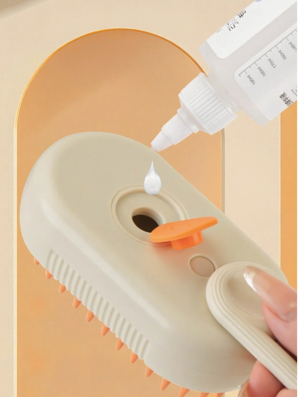 Dr. Milou Milou & Lumi 4-in-1 Steam Pet Grooming Brush with ergonomic handle and steam vents for gentle, effective pet grooming.
