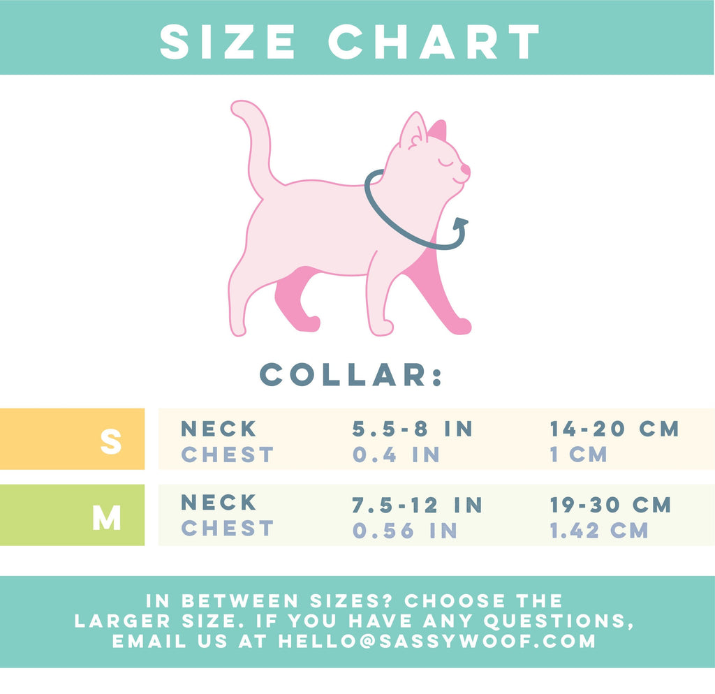 Sassy Woof Hello Kitty aqua cat collar with size chart, featuring a cute Hello Kitty design on a vibrant aqua background.