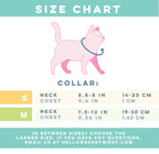 Sassy Woof Hello Kitty pink cat collar with size chart, featuring a cute pink design for feline pets.