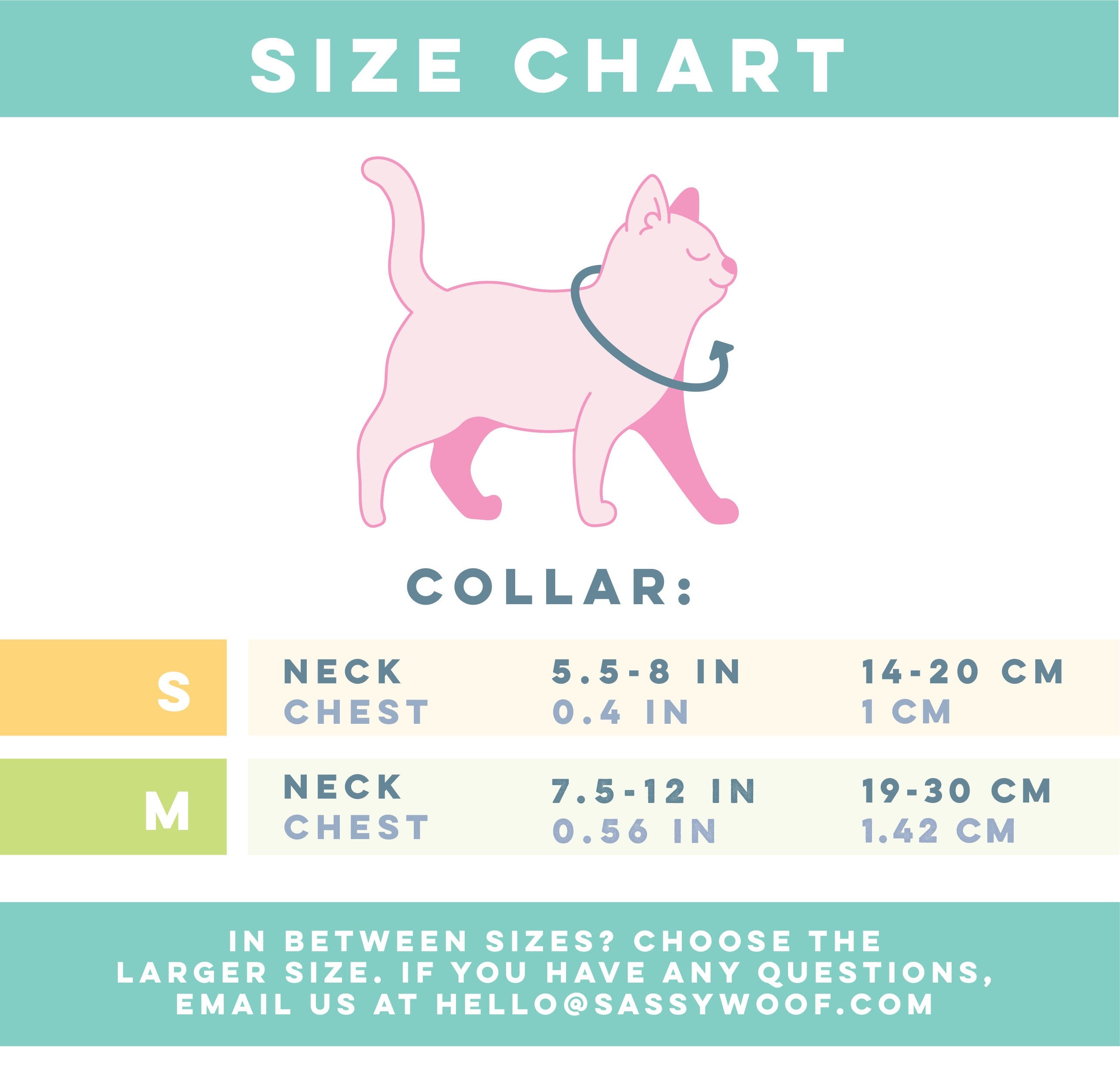Sassy Woof Hello Kitty pink cat collar with size chart, featuring a cute pink design for feline pets.