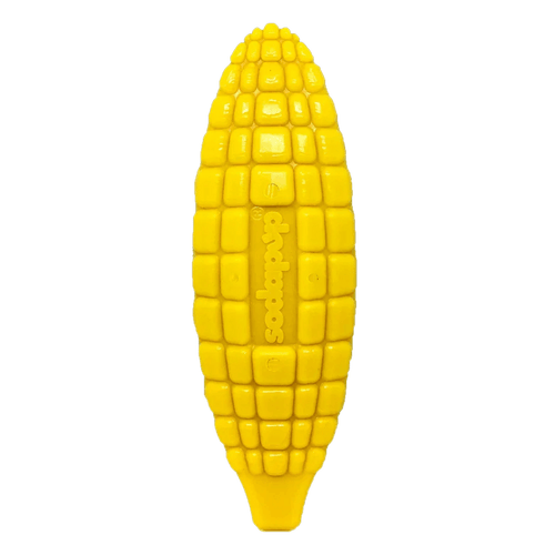 Nylon dog toy shaped like corn on the cob for aggressive chewers, made by SodaPup, USA-made durable chew toy for dogs.
