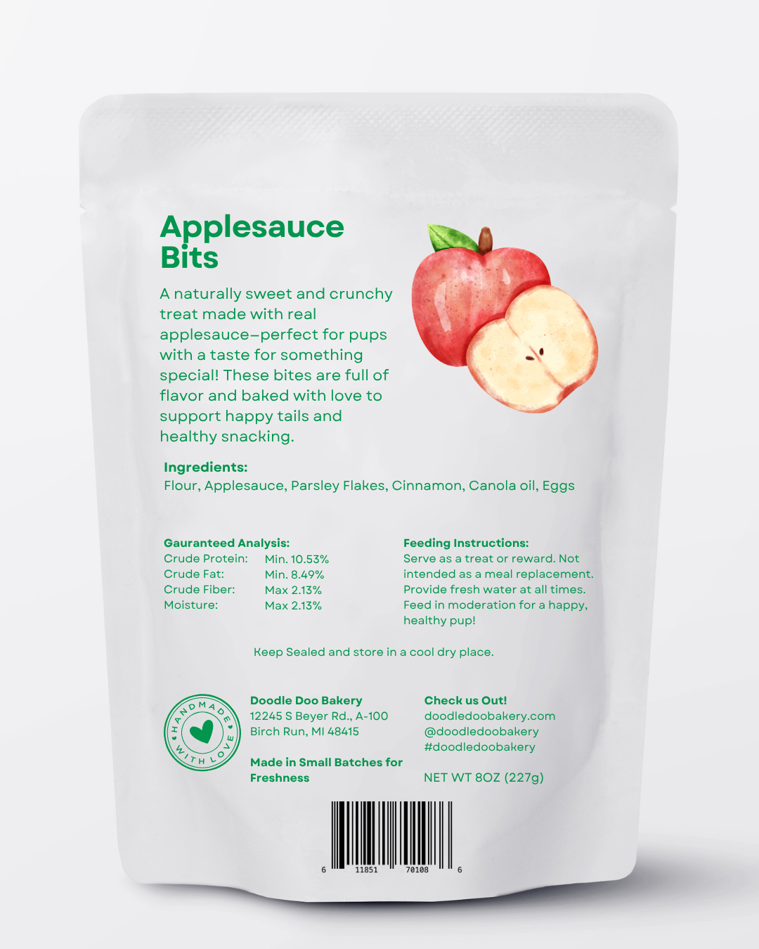 Homemade Apple Bits dog biscuits by Doodle Doo Bakery, 1/2 lb. natural apple-flavored dog treat with crunchy texture.