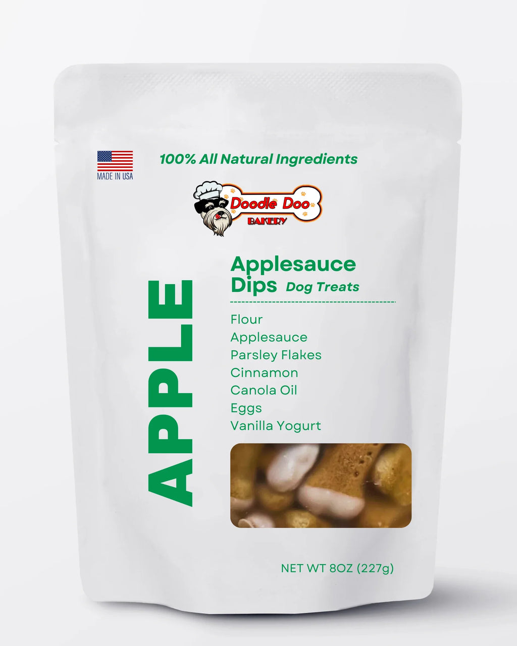 Homemade Doodle Doo Bakery dog treats with applesauce dips in a 1/2lb package, showing treats and applesauce coating on the treats.